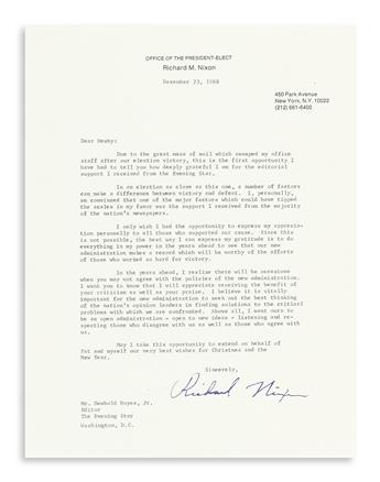 NIXON, RICHARD M. Archive of 10 typed letters, to Washington Evening Star editor Newbold Noyes Jr. (Dear Newby or Dear Mr. Noyes),